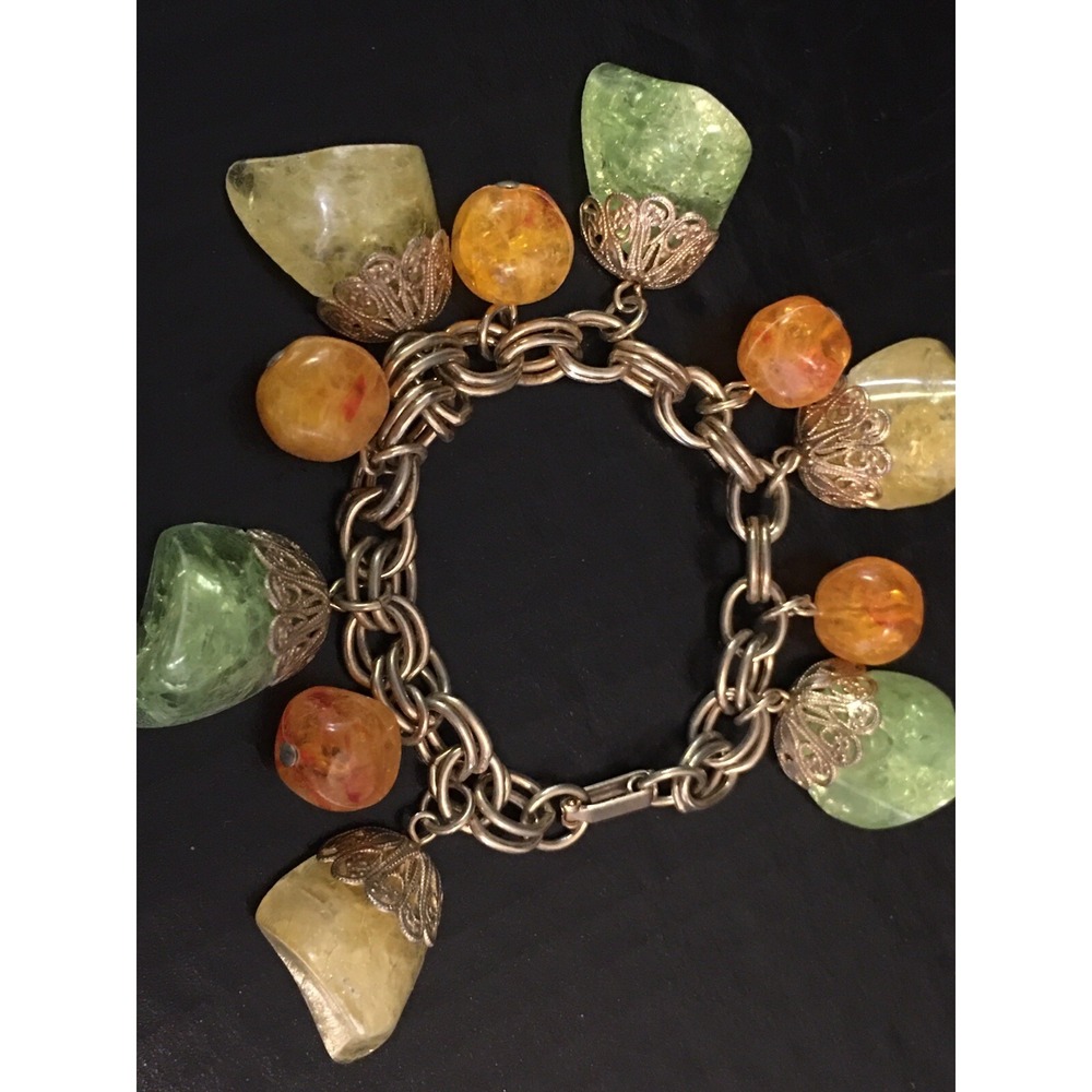 Vintage Bakelite lucite charm bracelet yellow green orange